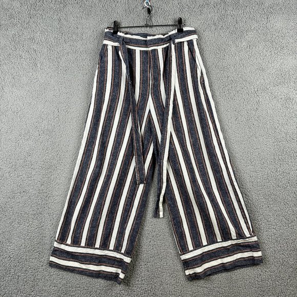 Banana Republic Pants Womens Sz 4 Blake Crop Striped Wide Leg Linen Blend Belted - Picture 1 of 13